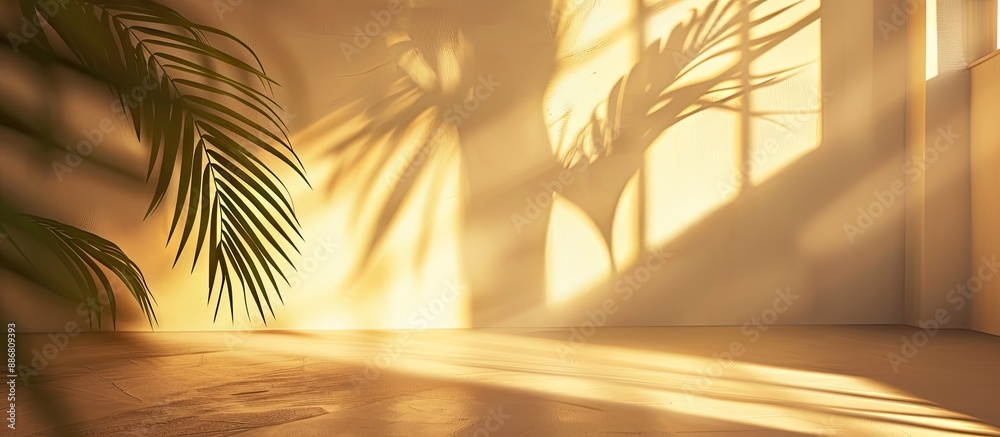 Poster minimal room with a warm light setting, featuring a palm leaf shadow overlay for presenting a produc
