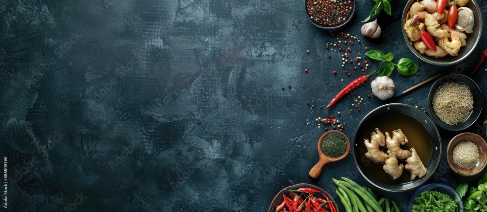 Poster asian cooking ingredients on a dark backdrop create an asian food concept, with an open space and a 