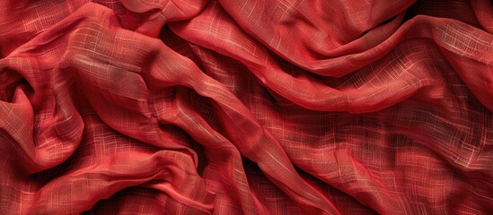 Obraz premium Macro banner featuring a crumpled red linen fabric texture with a stone-washed appearance and ample copy space image.