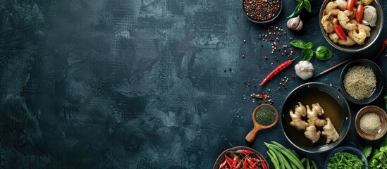 Asian cooking ingredients on a dark backdrop create an Asian food concept, with an open space and a top-down view for a copy space image.