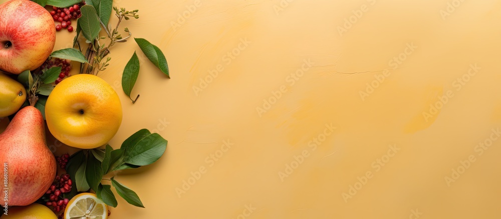 Aufkleber top view of jewish new year holiday attributes on colored background in a flat lay composition, conv