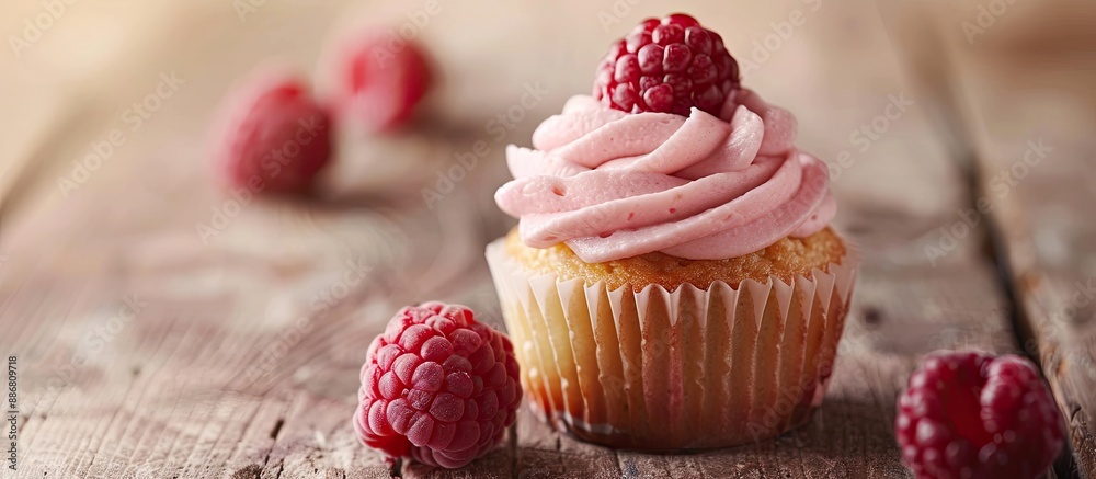 Poster raspberry cupcake on the table, with a close-up view, ideal for designs with copy space image.