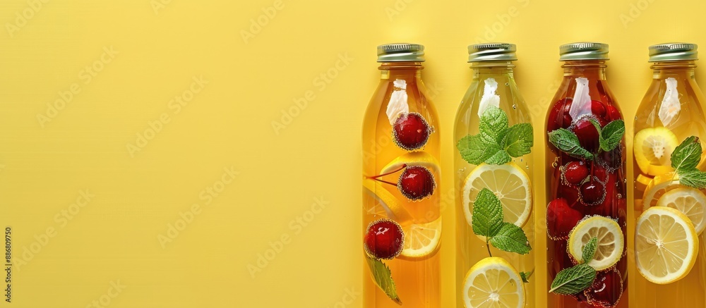 Poster cherry, lemon, and mint infused water in bottles against a yellow background in a top view with ampl