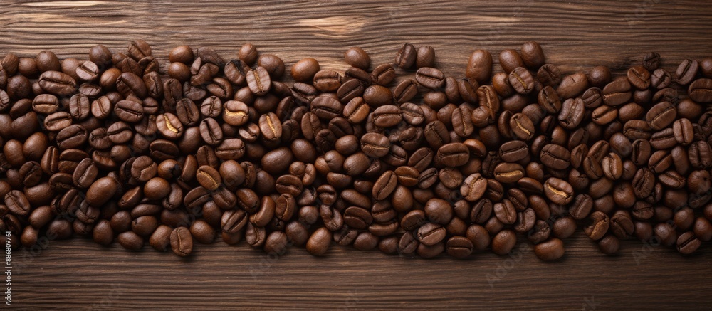 Aufkleber Coffee beans are arranged on a wooden surface background, creating a textured frame for a copy space image.