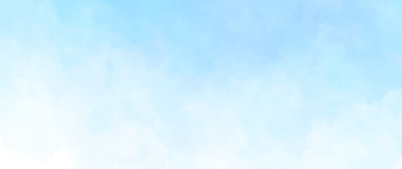 Blue vector watercolor art background with white clouds and blue sky. Hand drawn vector texture. Heaven. Watercolour banner. Abstract template for flyers, cards, poster, cover or design interior.