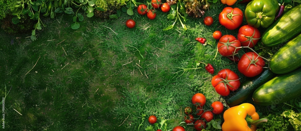 Poster fresh vegetables arranged on green grass in a garden, with an empty space for incorporating images.