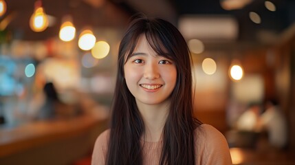 Obraz premium Smiling Japanese Teenage Girl in Cozy Ambient Lighting for Lifestyle and Social Media