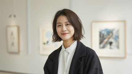 Asian artist smiling while displaying artwork in a gallery representing creative achievement and satisfaction Portrait, Realistic Photo, High resolution, Half-body picture, Minimalism,