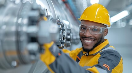 African engineer smiling while working on a mechanical system in an industrial setting representing technical proficiency and fulfillment Portrait, Realistic Photo, High resolution, Half-body