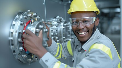 African engineer smiling while working on a mechanical system in an industrial setting representing technical proficiency and fulfillment Portrait, Realistic Photo, High resolution, Half-body