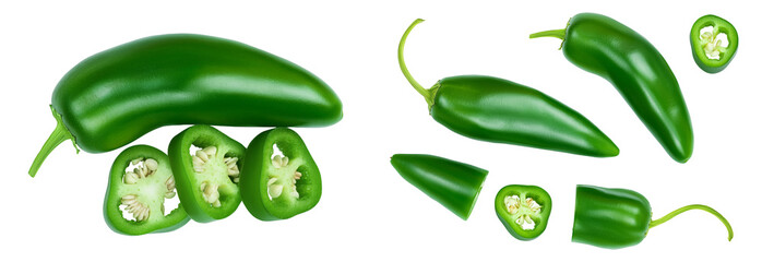 jalapeno peppers isolated on white background. Green chili pepper . Top view. Flat lay