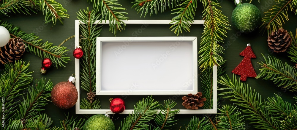 Poster Christmas decoration toys arranged in a flat lay layout on pine tree branches with an empty white frame, ideal for a concept mock-up with copy space image.