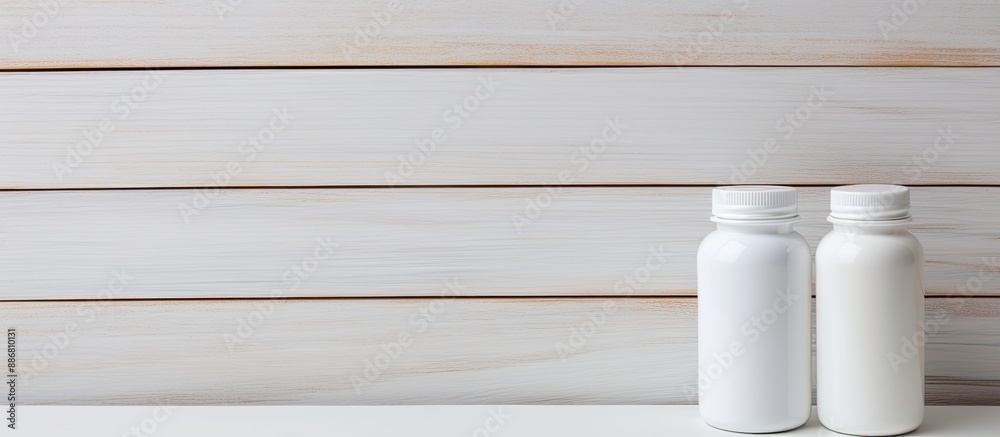 Aufkleber white wooden background displaying a pill bottle with copy space image.