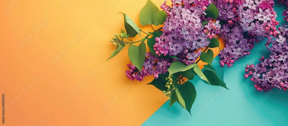 Poster top view of lilac branches on a colorful background, conveying a spring flowers concept with a copy 