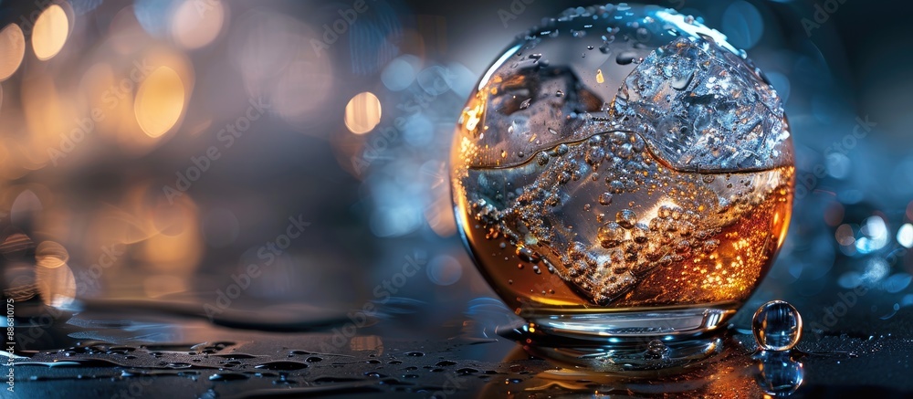 Poster Close-up view of a spherical ice cube and whiskey in a studio setting with copy space image.