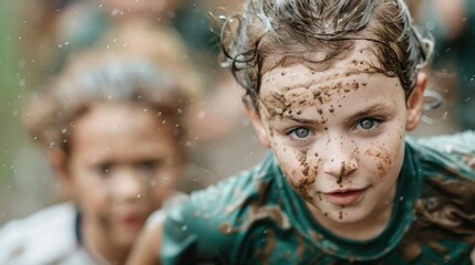 Two children with wet hair, covered in mud, having fun and enjoying each other's company outside in the rain, showcasing the joy and carefree nature of childhood play.