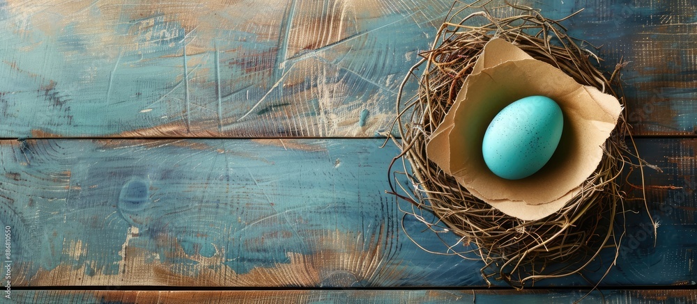 Aufkleber card for easter display with blue egg in nest, providing empty space for writing.