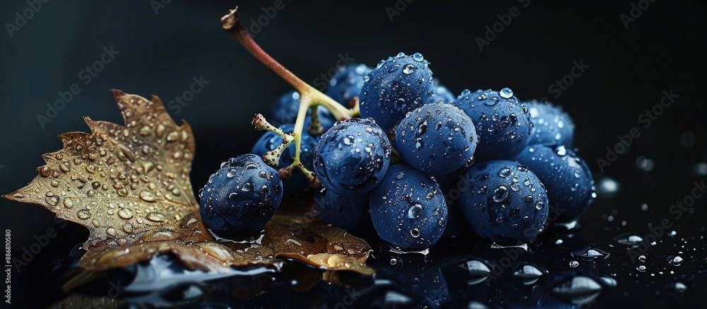 Poster a black background highlights wet dark blue grapes with a dried leaf, leaving room for additional co
