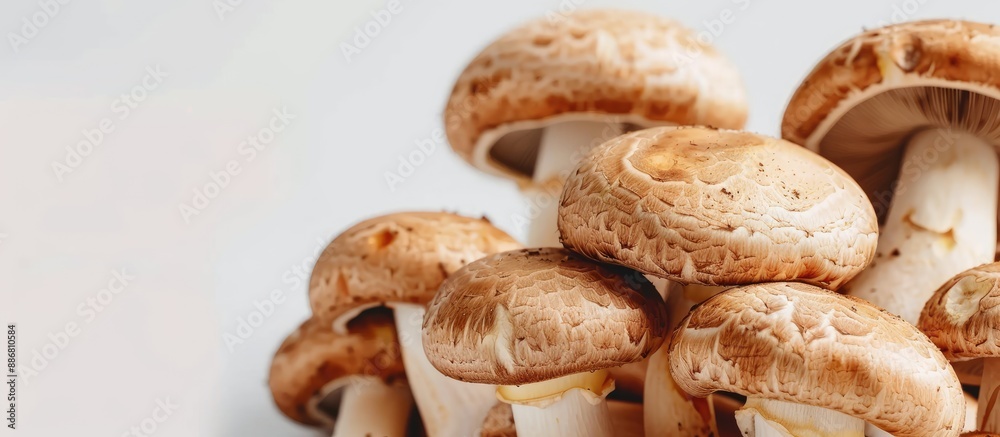 Poster brown champignons mushrooms displayed against a white backdrop with copy space image.