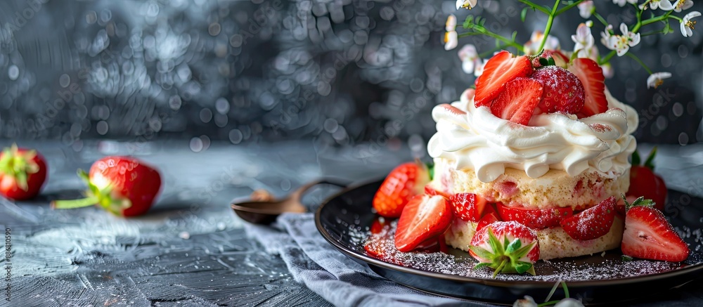 Poster valentine's day offering of fresh strawberry shortcake with a copy space image.