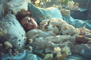 On the bed, on the blue bedding, a beautiful Caucasian woman is sleeping with a white rabbit.