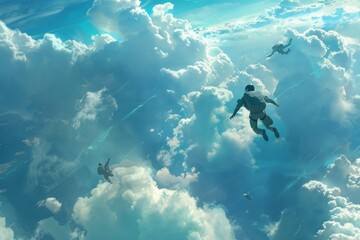 In the beautiful bright blue sky, among the clouds, people are flying who jumped out of an airplane. Their parachutes are not deployed.