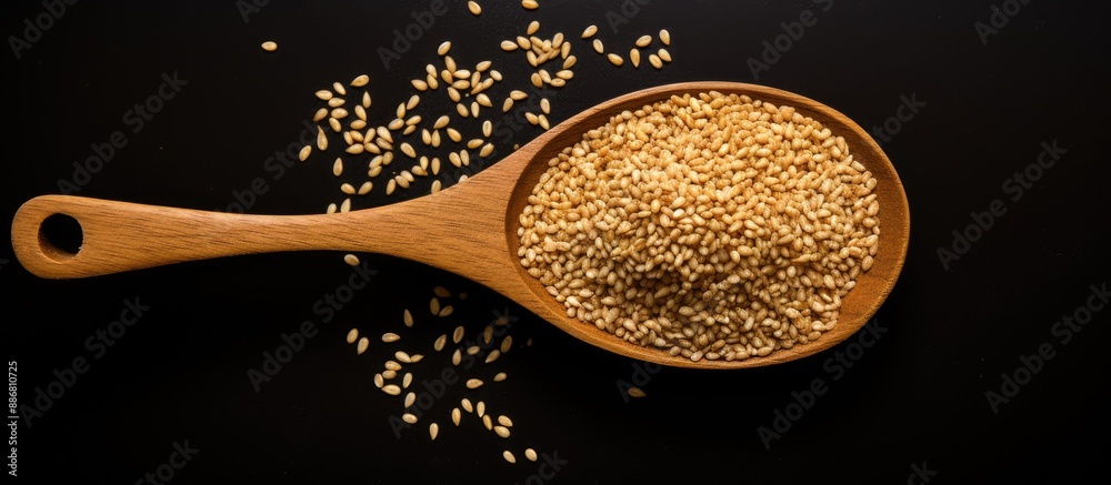 Poster toasted organic sesame seeds in a wooden spoon on a black background. close-up, top view flat lay wi