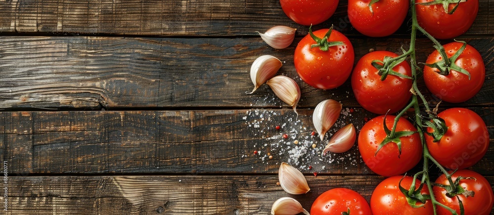 Poster fresh tomatoes and garlic arranged on a wooden surface, viewed from above with a copy space image av