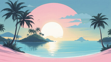 Fototapeta premium A picturesque sunset over a tropical island, with a silhouetted palm tree in the foreground, reflecting the vibrant colors of the sky
