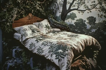 An antique bed with fluffy bedding and a wooden headboard stands in a dark, mysterious forest. The pattern on the bedding resembles the trees surrounding it.