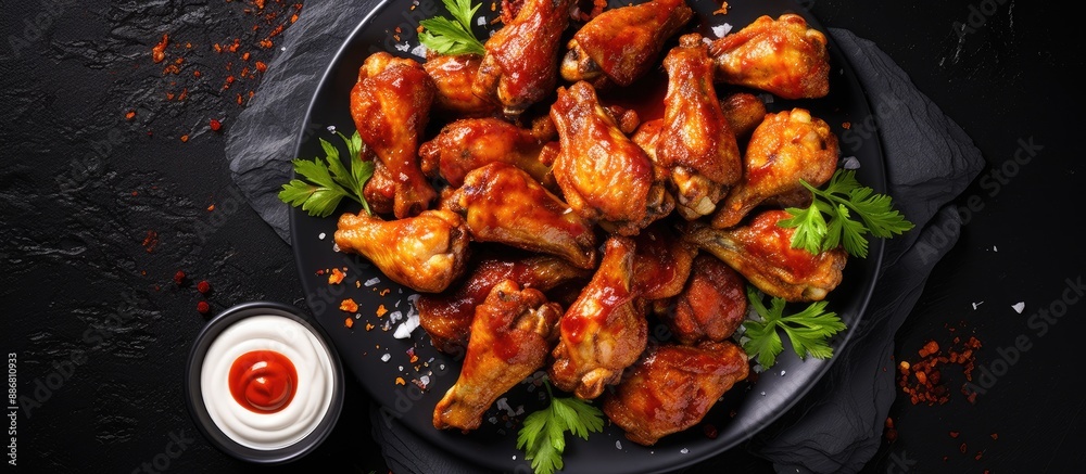 Aufkleber top view of spicy chicken wings with ketchup on a dark plate against a slate or concrete background,