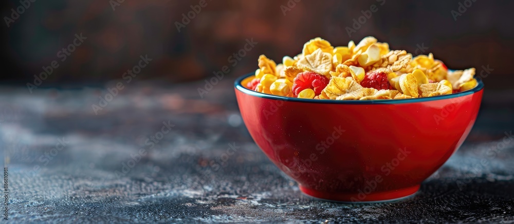 Poster red bowl holds cereal flakes with copy space image for breakfast concept. the tasty cereal features 
