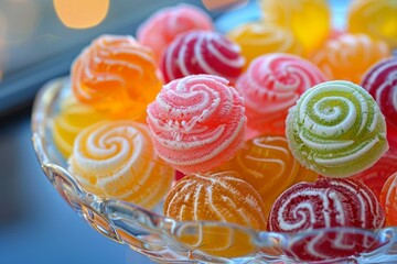 In a crystal dish, there are appetizing, bright, sweet, translucent jelly candies with a swirl.