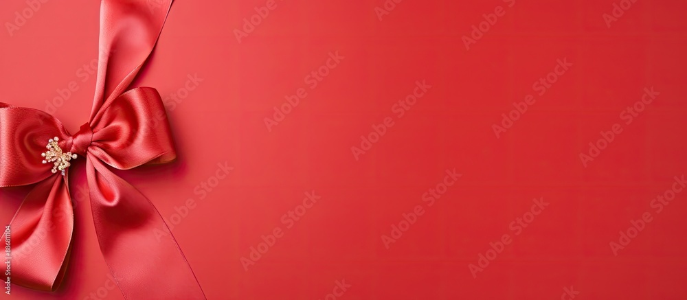 Poster A red rolled ribbon with a bow isolated on colorful background, seen from above. Flat lay style with copy space image.
