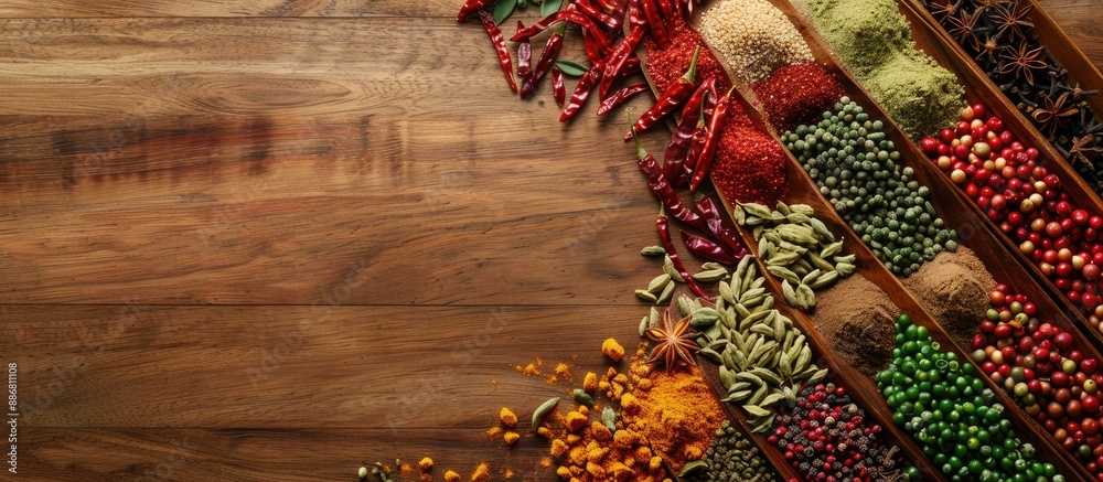 Poster Colorful spices displayed on a wooden table with copy space image.