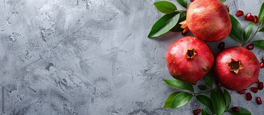 Poster a banner with copy space image featuring a ripe pomegranate fruit with green leaves against a grey c
