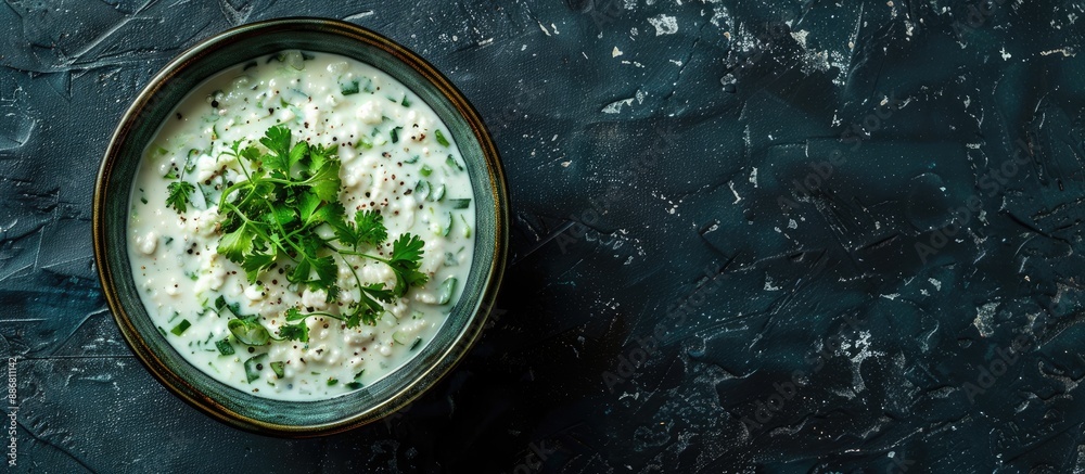 Poster top-down view of classic indian raita featuring cucumber, cumin, and coriander with ample copy space