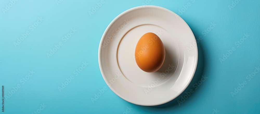 Poster a brown egg placed on a white plate against a blue backdrop with ample copy space image.