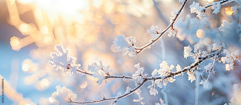Fototapete snow-white branches of an apple tree with hoarfrost, set against a sunny winter background, creating