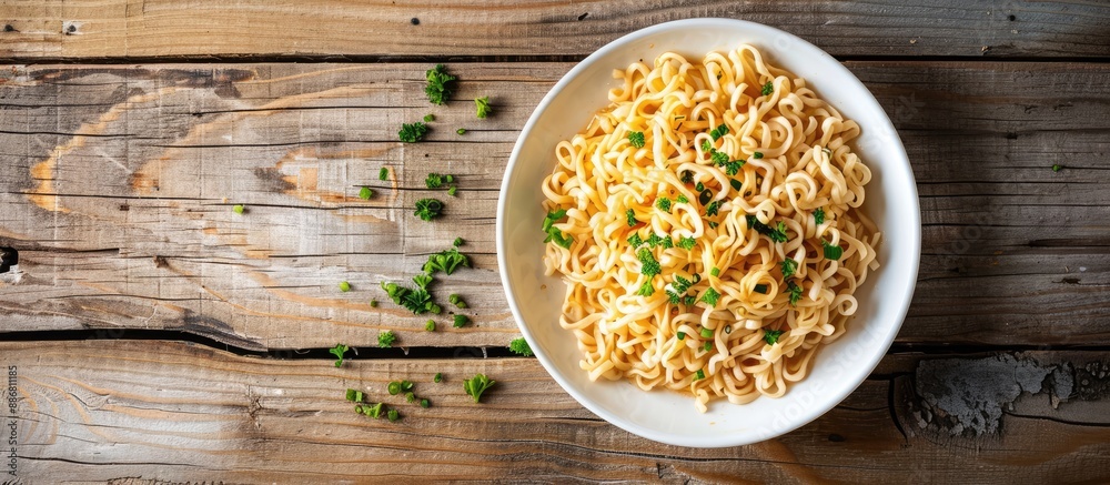 Poster half a plate of instant noodles placed on a wooden table with ample copy space image.