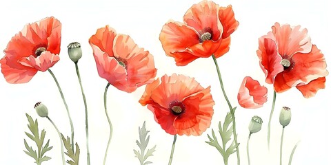 Obraz premium Watercolor red poppies set for interior decoration textiles invitations and cards. Concept Floral Watercolor Art, Red Poppies, Interior Decor, Textile Design, Invitation Cards