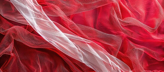 A fishing net with a white hue drapes over a vibrant red surface, providing a textured element to the copy space image.