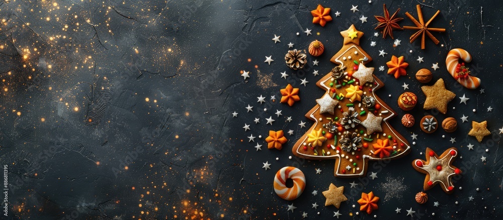 Poster gingerbread cookie christmas tree on a black backdrop with stars, surrounded by assorted holiday tre