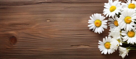 Fototapeta premium Chamomile flowers and a ribbon on a wooden background provide a charming setting for a copy space image.