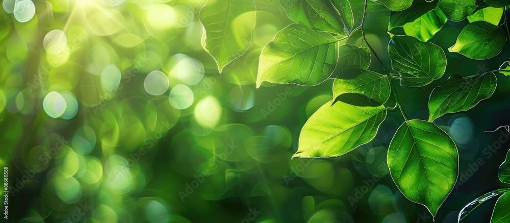 Aufkleber Vivid green tree leaves set against a bokeh background offer copy space image with lush foliage illuminated by sunlight in a sunny day, creating a natural green scenic backdrop with abstract texture.