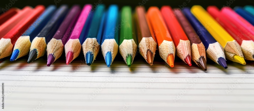 Poster Various colored pencils arranged on a blank notebook page with copy space image.