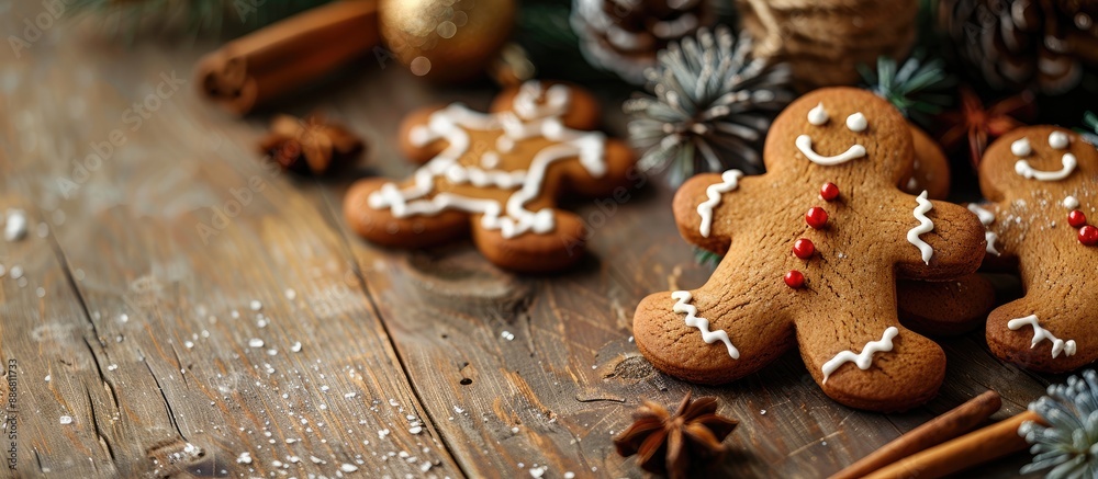 Poster christmas homemade gingerbread cookies displayed on a rustic wooden table with a clear space for a c