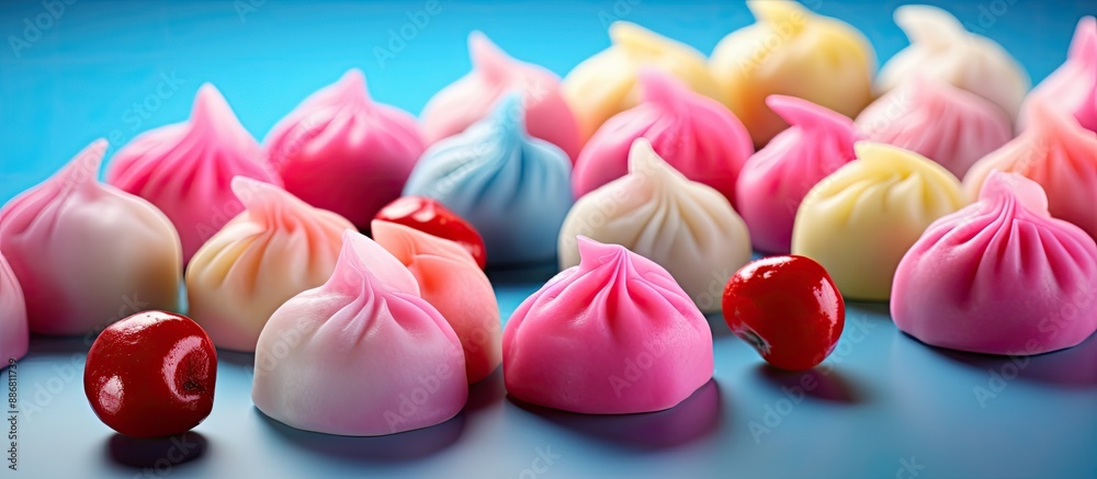 Poster colorful background enhances the appeal of delicious cherry dumplings in the image with copy space.