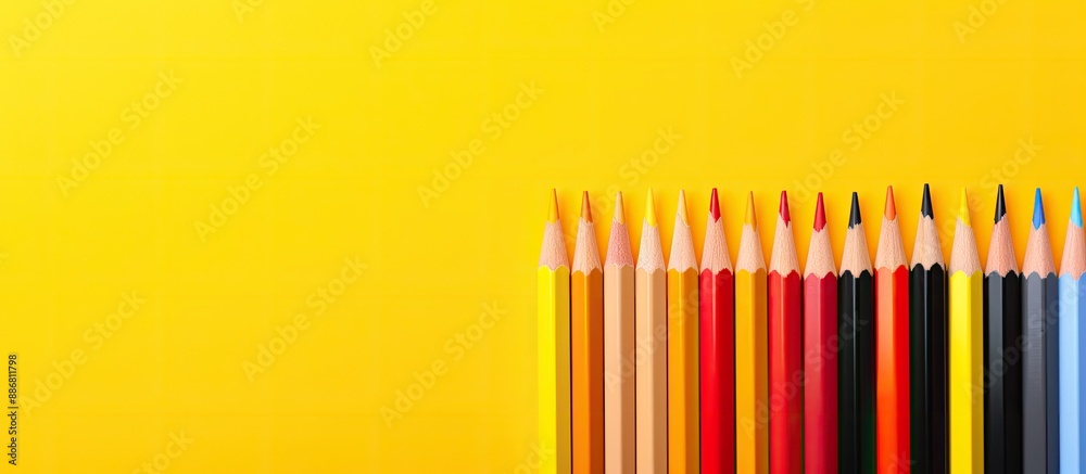 Poster color pencils arranged on a yellow paper backdrop with ample copy space image.