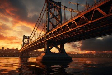 Low view view of the bridge suspended against the sky during sunset, generative IA